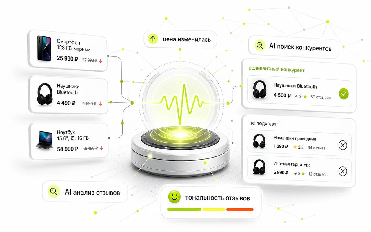 AI-карта мониторинга конкурентов, отзывов и ценовых сигналов Avito